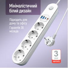 Фільтр живлення ColorWay CW-CHE44PDW 4 розетки, 4USB (Type-C PD20W + 3USB QC3.0) (45W), 2 м, White