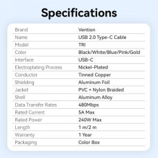 Кабель Vention USB Type-C - USB Type-C (M/M), 240W, 5A, 2 м, Gold (TRIJH)