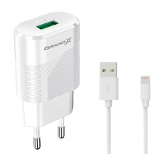 Сетевое зарядное устройство Grand-X (1xUSB 2.1А) White (CH-17WL) с защитой от перегрузки + кабель Lightning