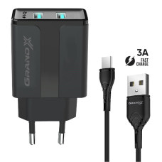 Сетевое зарядное устройство Grand-X (2xUSB 2.4A) Black (CH-15T) + кабель USB-C