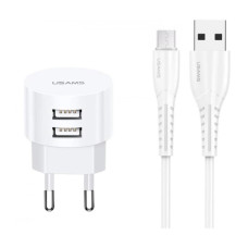 Мережевий зарядний пристрій Usams T20 (2USB, 2.1А) White (XTXLOGT18MC05) + кабель MicroUSB