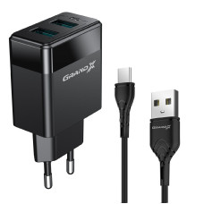 Сетевое зарядное устройство Grand-X (2xUSB 2.4А) Black (CH-50T) + кабель USB-C